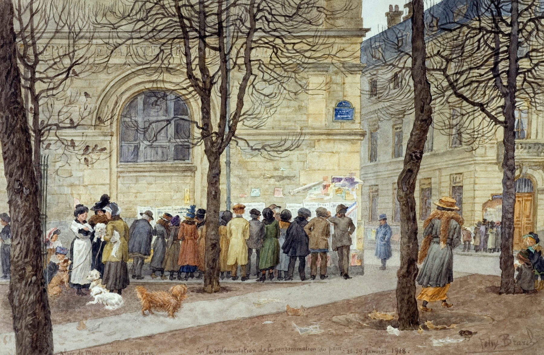 Genre scene with figures under umbrellas by Félix Brard, 1918
