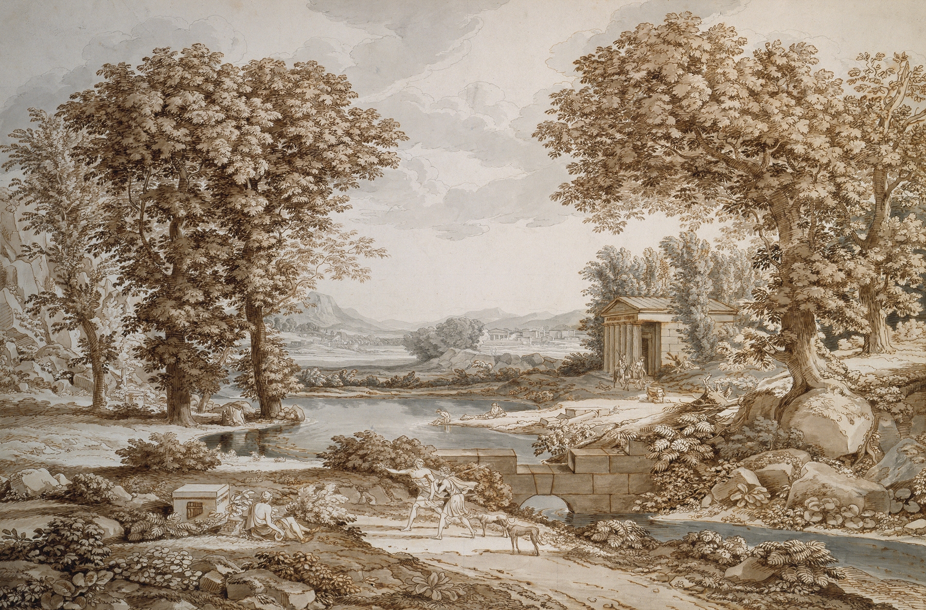 Heroic landscape by Johann Christian Reinhart, oil painting of rolling hills and light.