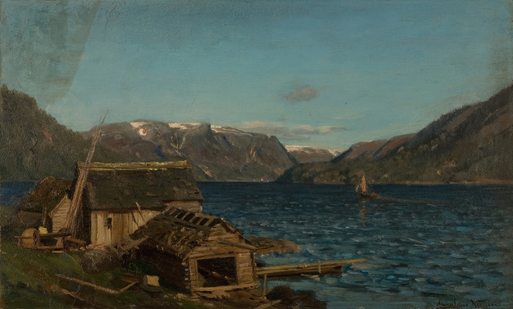 Fra Djønne by Amaldus Nielsen, oil painting depicting a serene landscape with mountains and shimmering water.