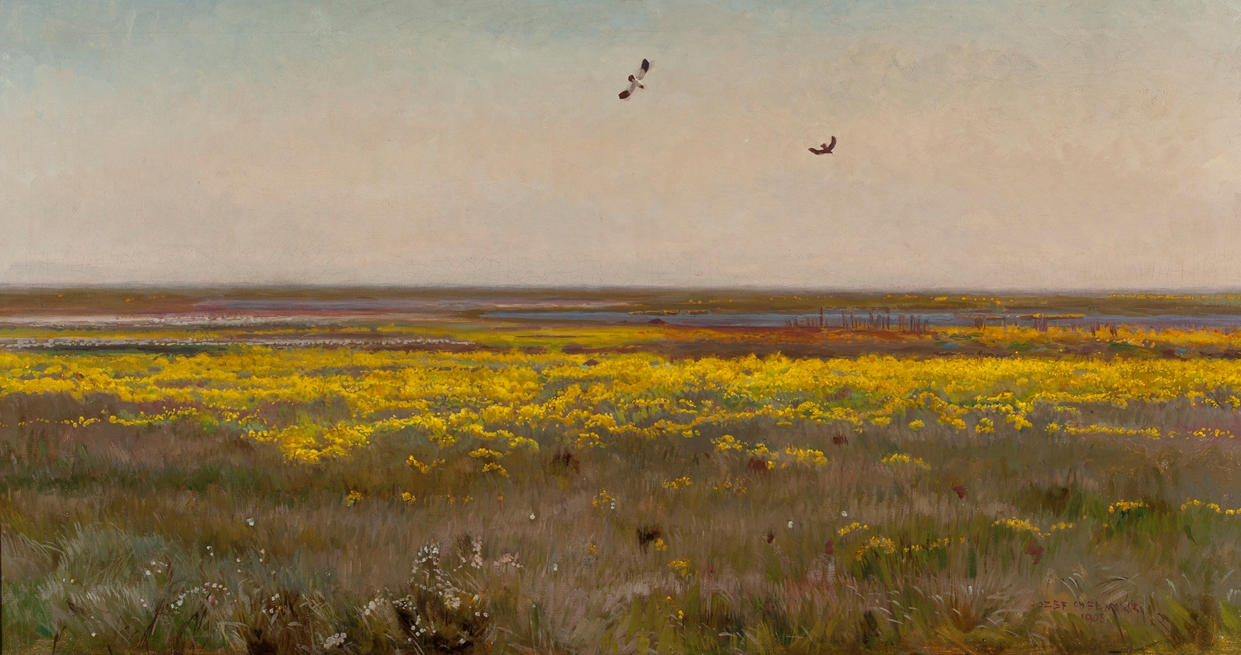 Spring landscape with wildflowers and soft light by Jozef Chelmonski, oil painting