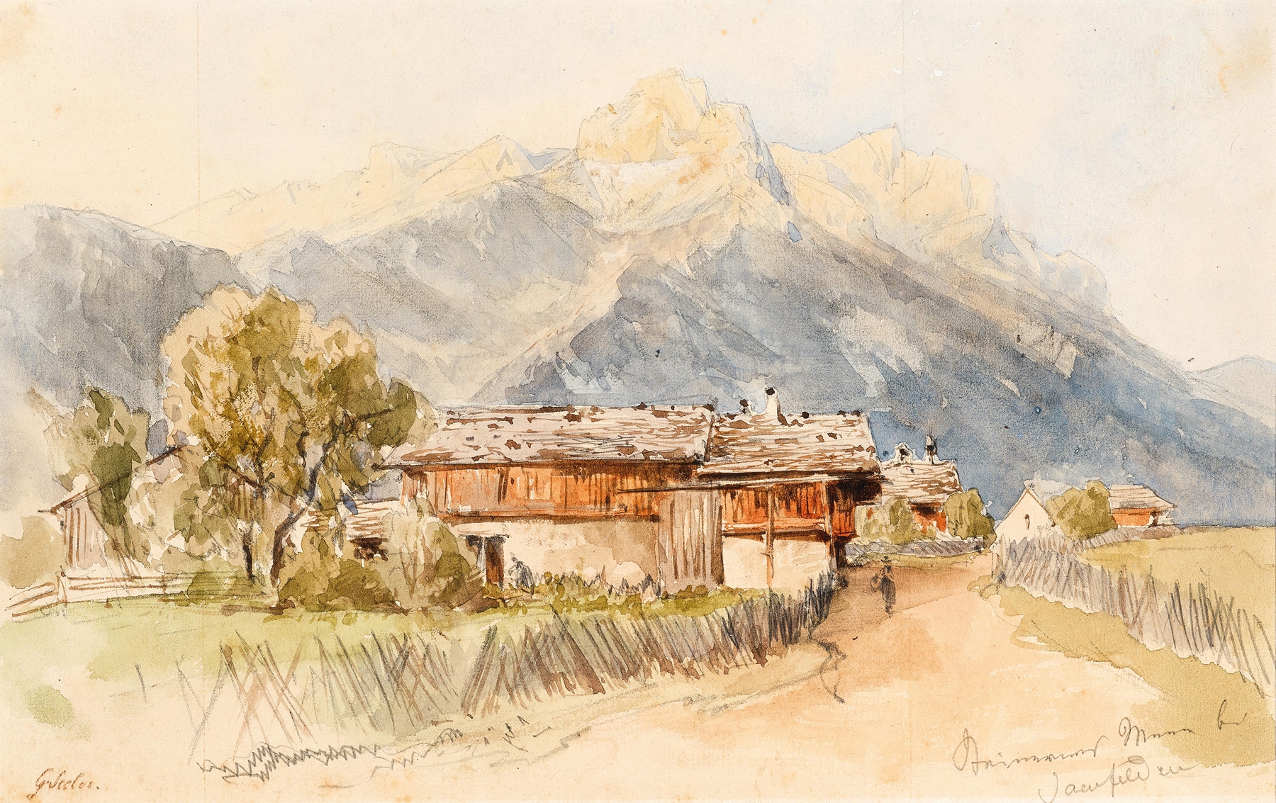 Landscape featuring farmhouses near the Steinernes Meer mountains by Gottfried Seelos