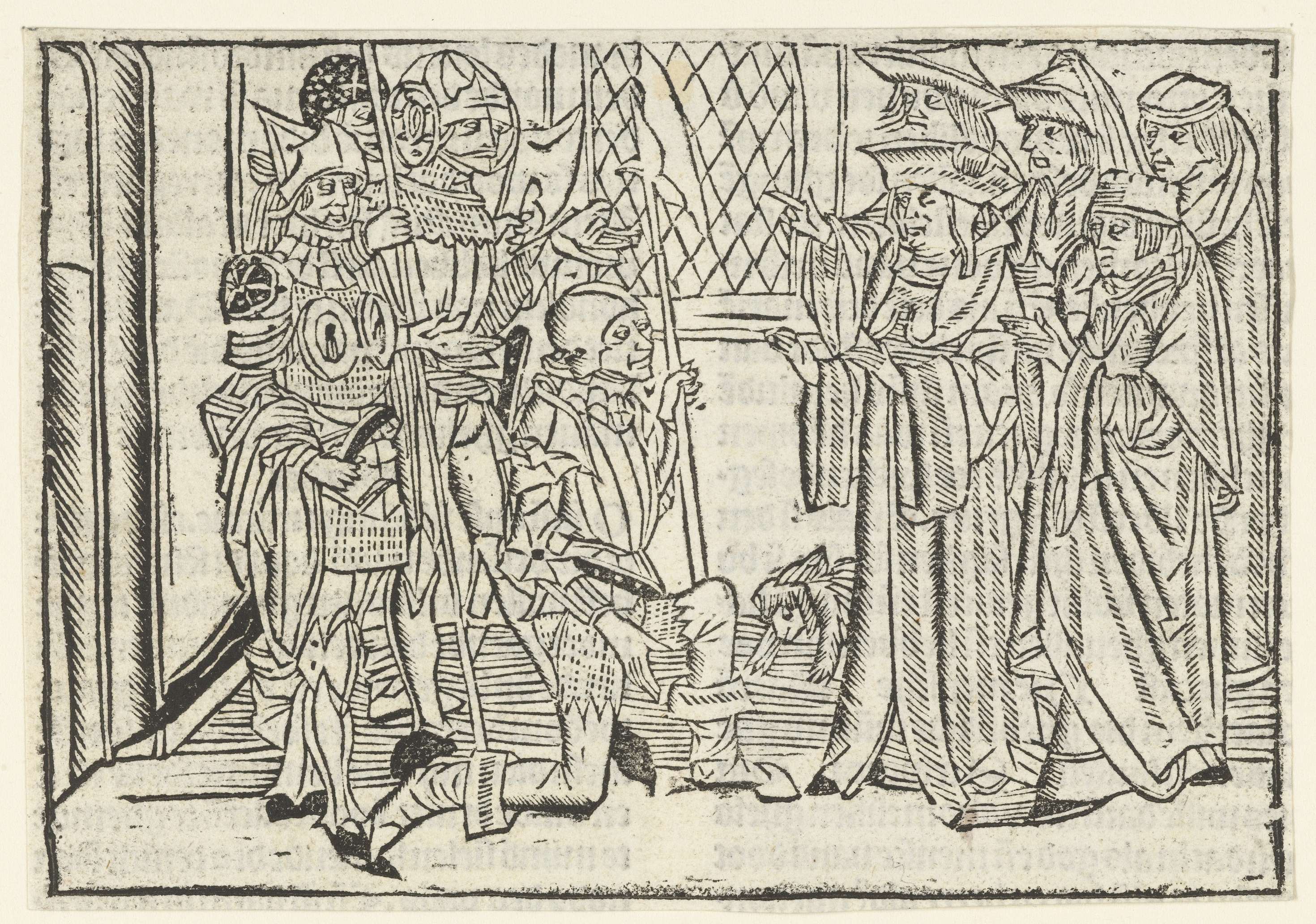 Soldaten berichten hoge priesters dat Christus is herrezen, paper by Master of Delft depicting soldiers conveying resurrection news.