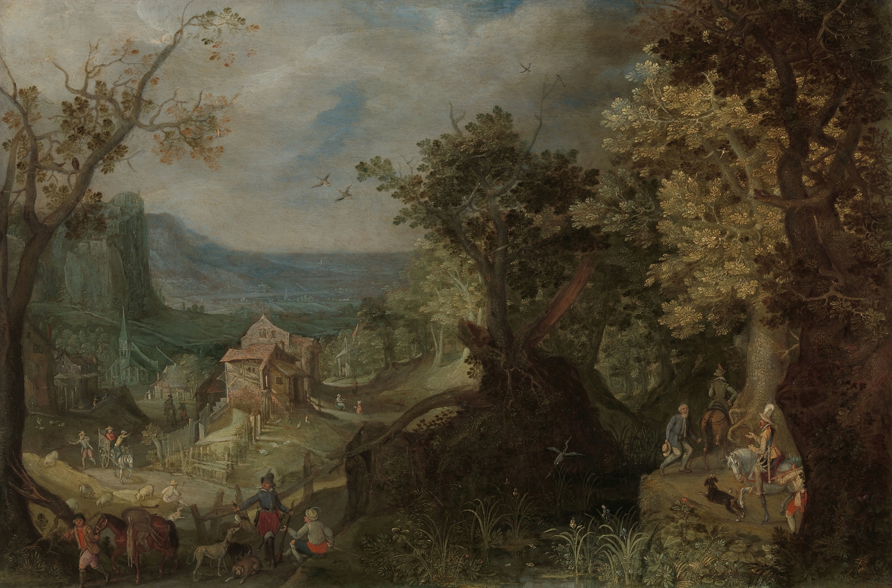Hunter and Horsemen on a Wooded Road, oil painting by Anton Mirou