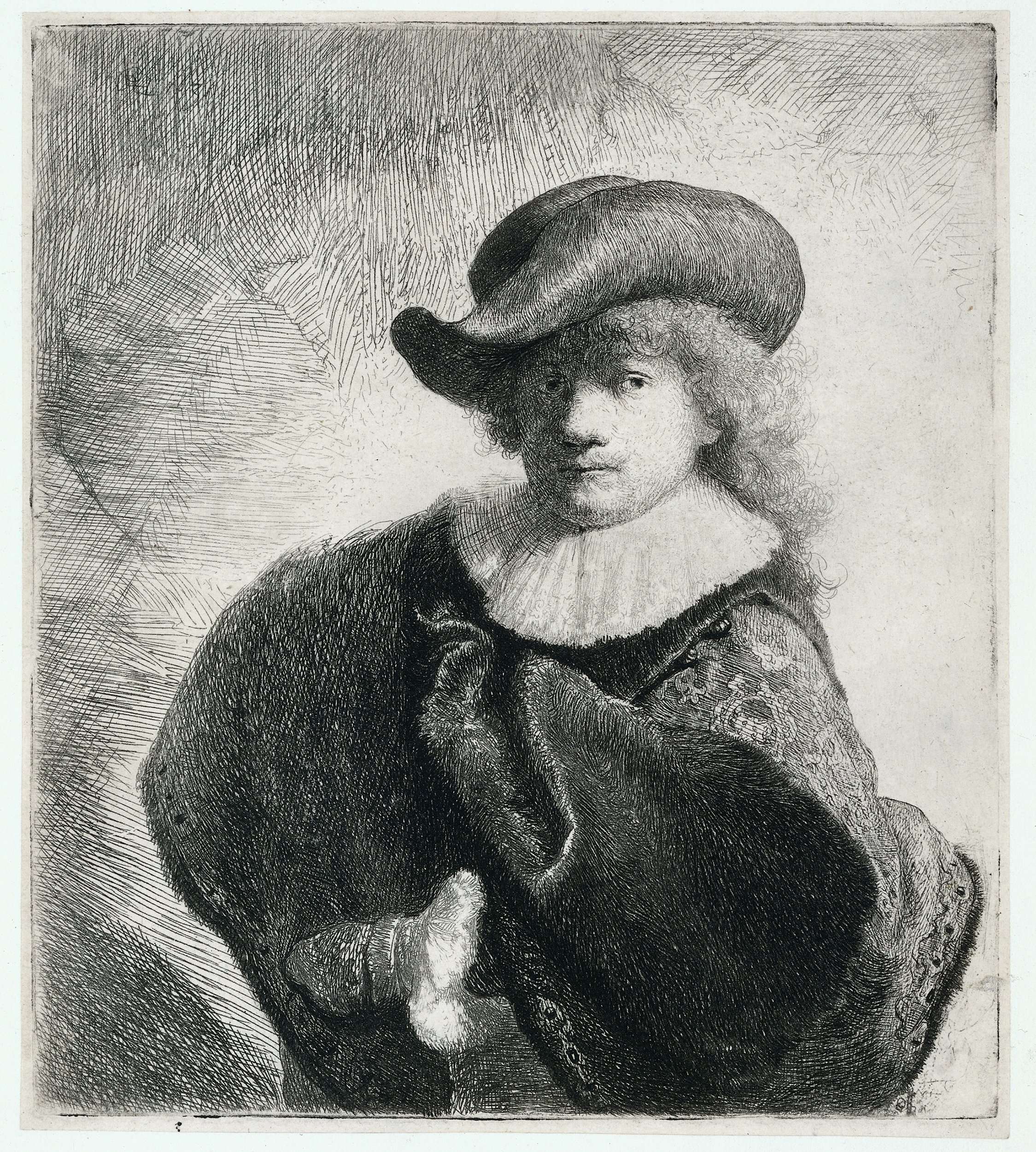 Self-portrait in a Soft Hat and Patterned Cloak, by Rembrandt van Rijn, public domain