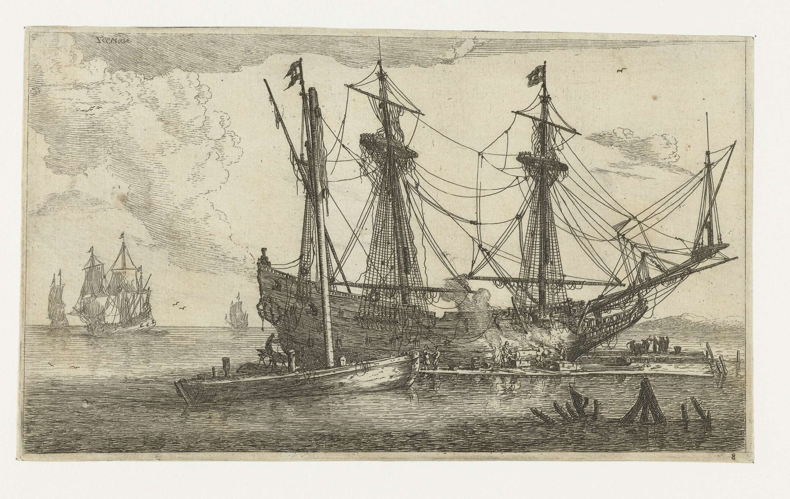 Reparaties aan de romp van een schip, by Reinier Nooms, public domain
