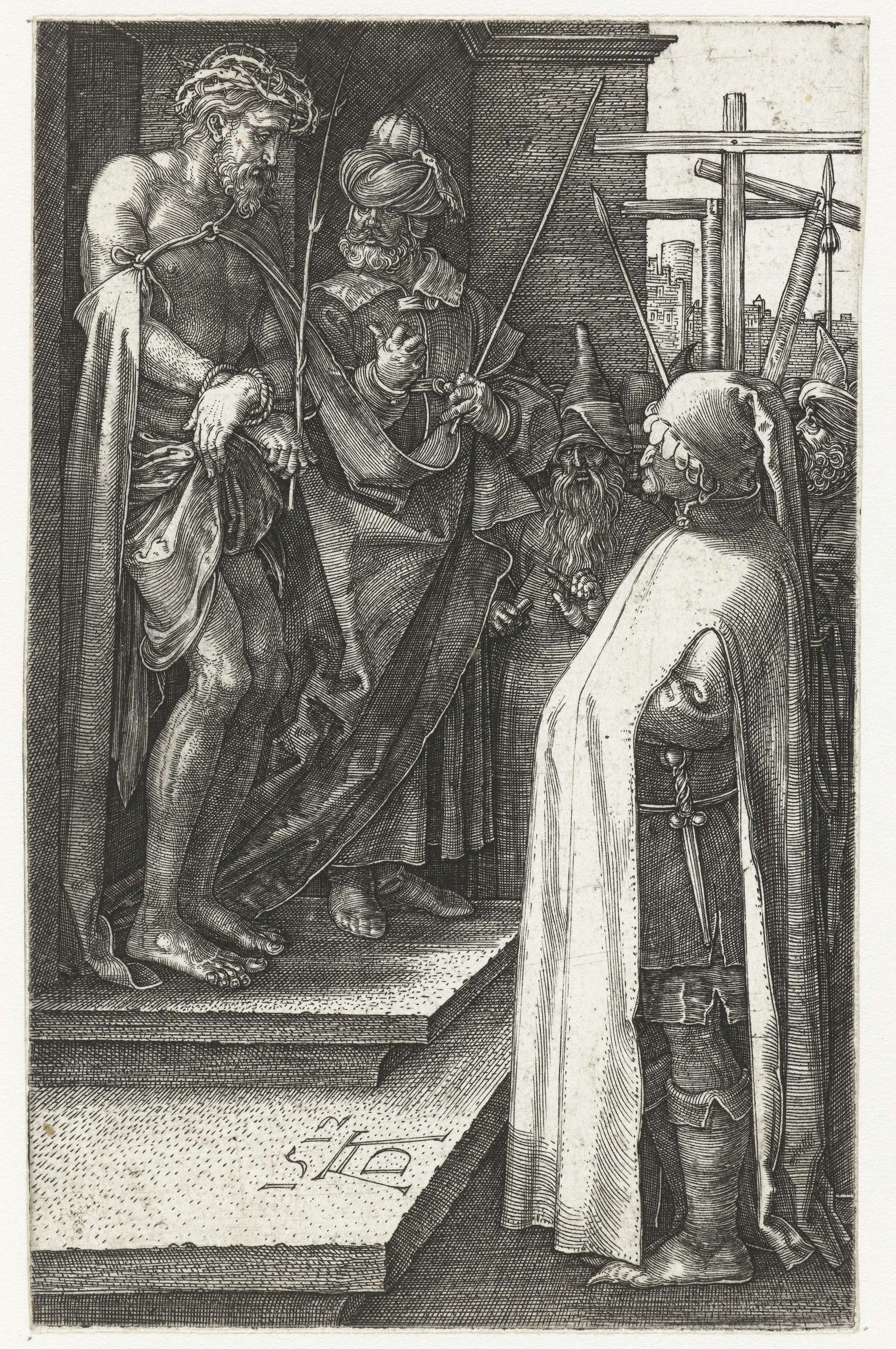Engraving by Albrecht Dürer showing Christ crowned with thorns and bound hands.