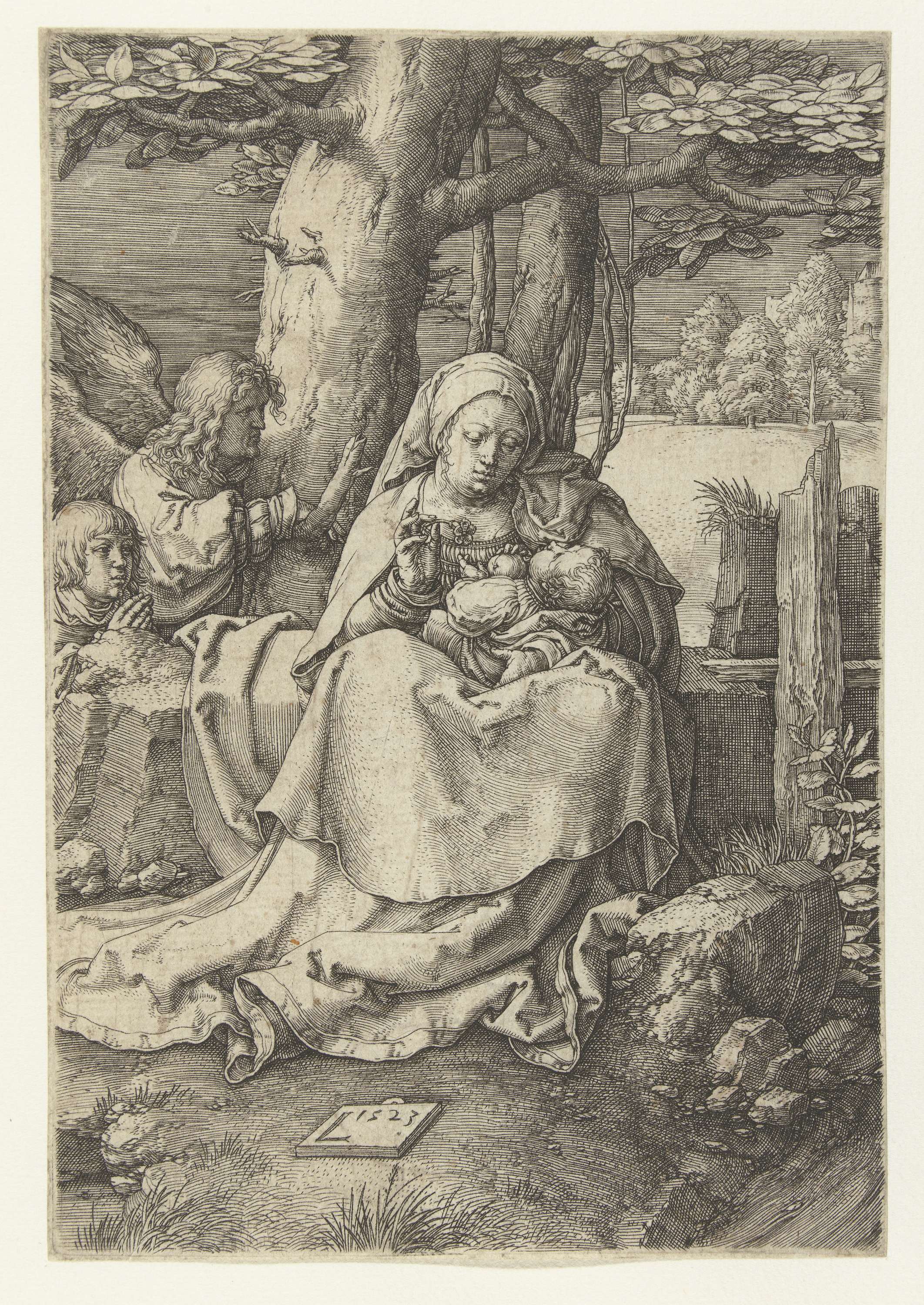 Virgin and Child with an Angel and a Boy engraving by Lucas van Leyden
