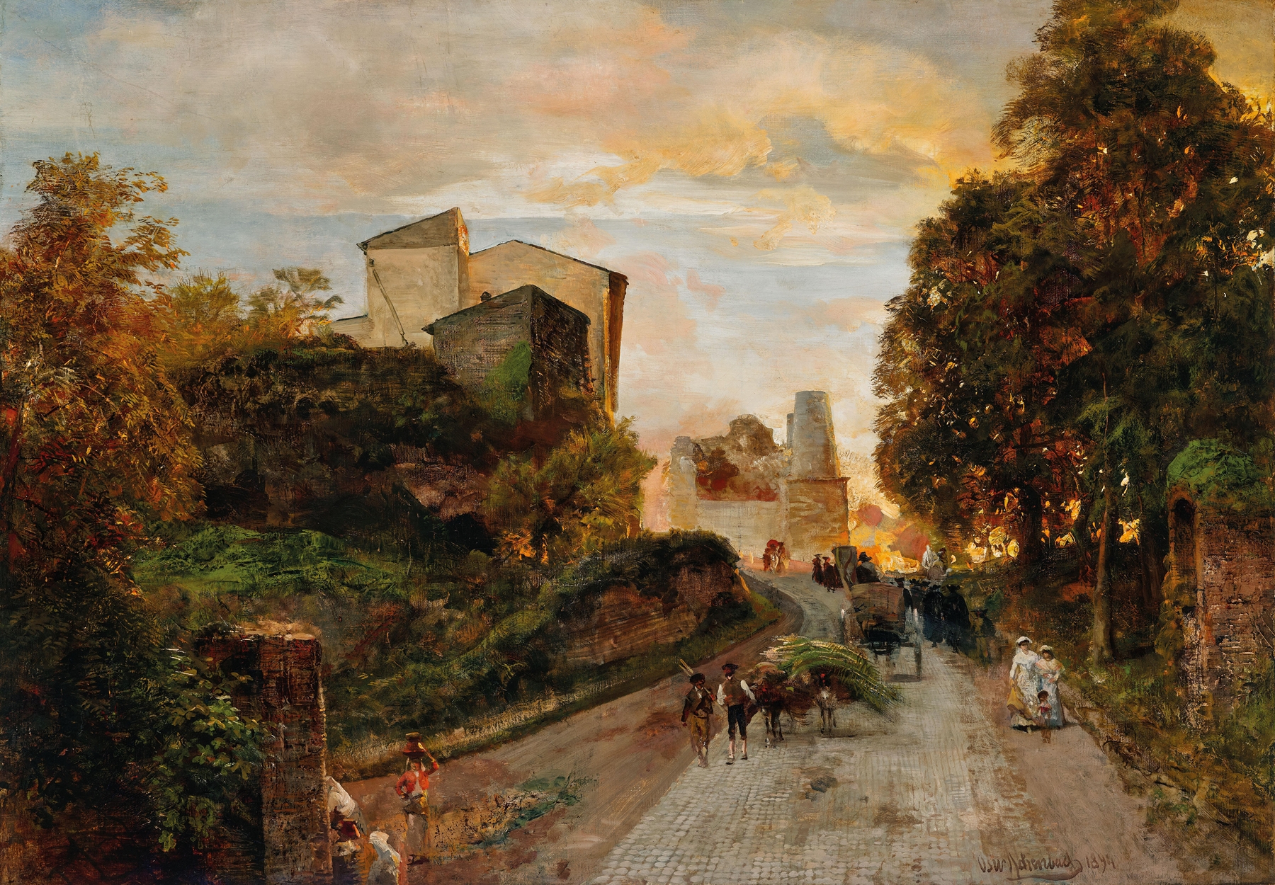 Village street at sunset, oil on canvas by Oswald Achenbach
