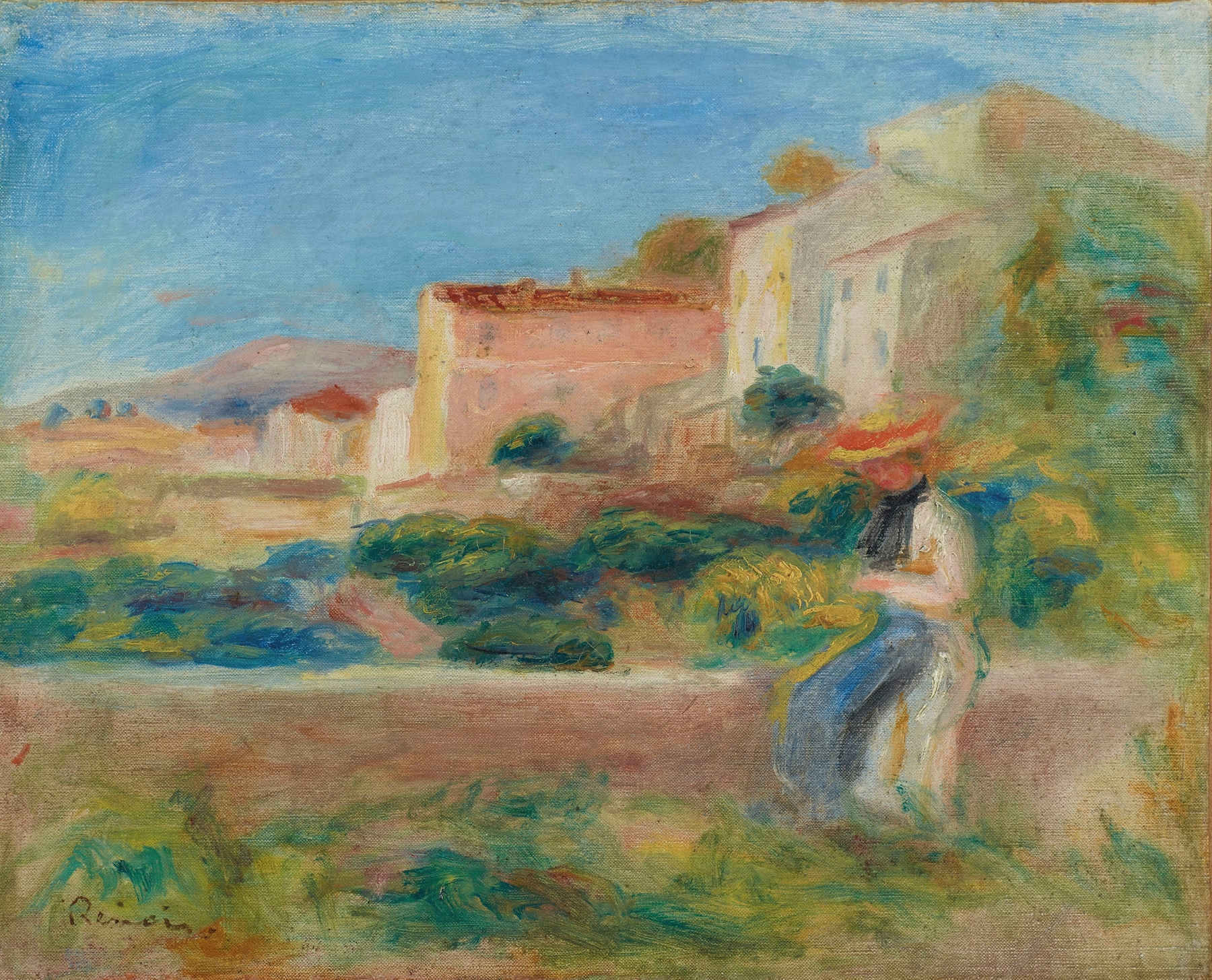 Femme assise, La Maison de la poste à Cagnes by Pierre-Auguste Renoir, oil painting of a woman in sunlight.