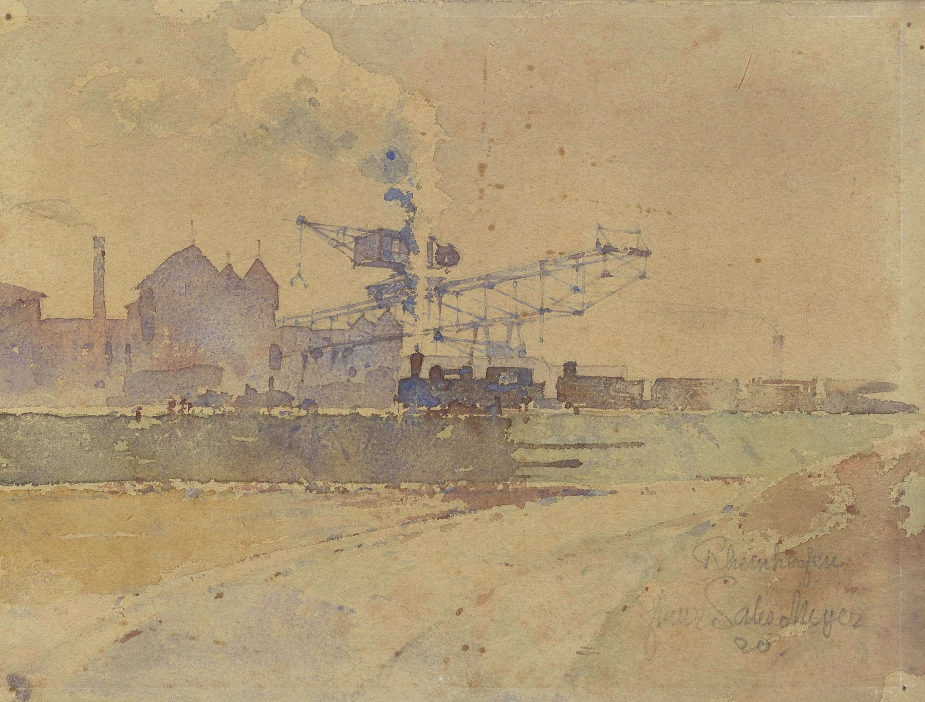Karlsruher, Rheinhafen by Franz Sales Meyer, oil on canvas depicting a tranquil harbor scene