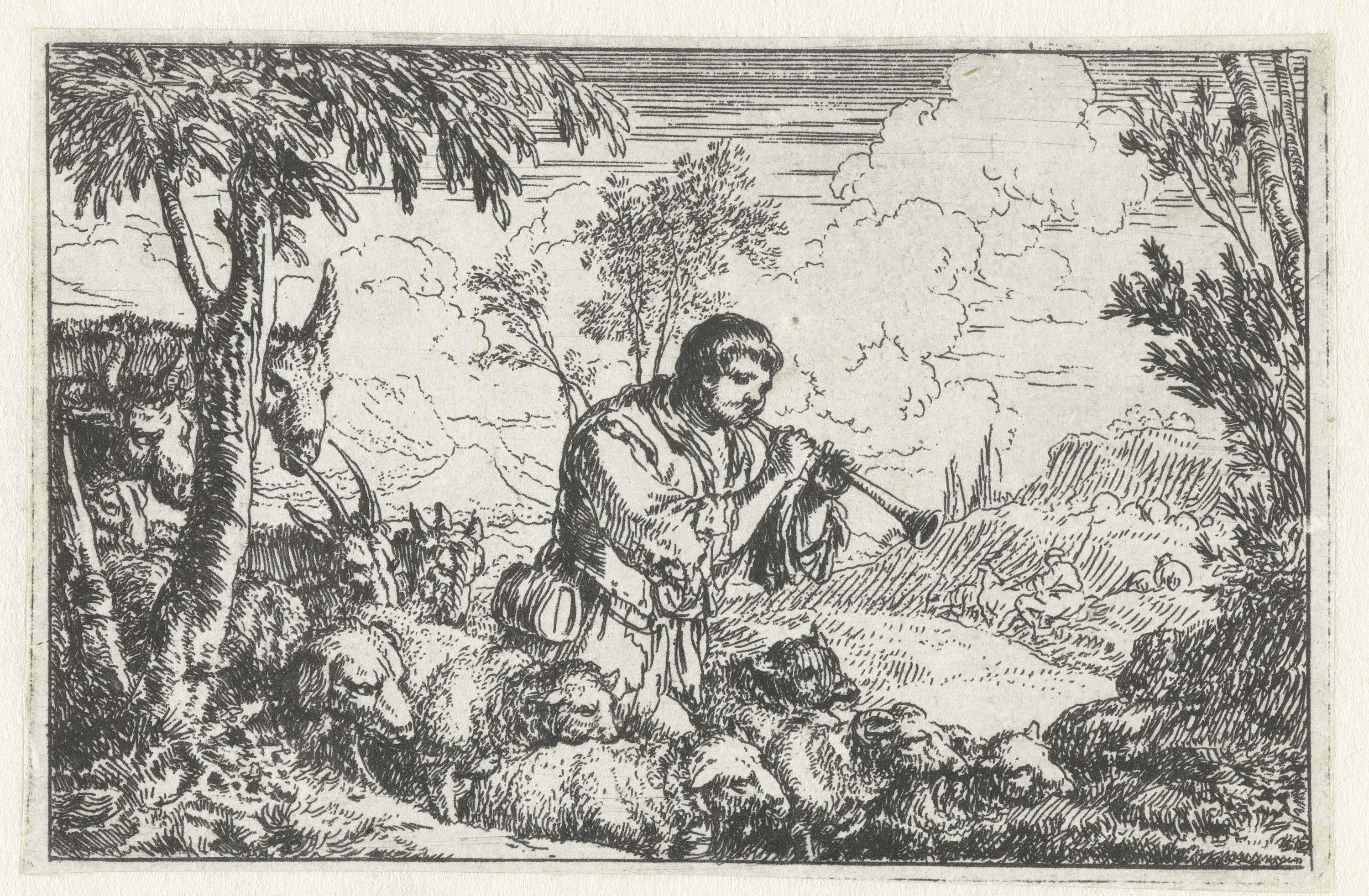 Shepherd playing pipe with cattle in a landscape, etching by Jonas Umbach