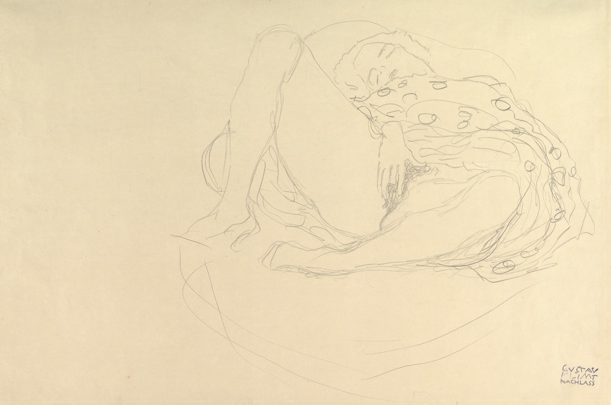 Gustav Klimt's 'Reclining Nude with Drapery' showcases a female figure draped in intricate patterns.