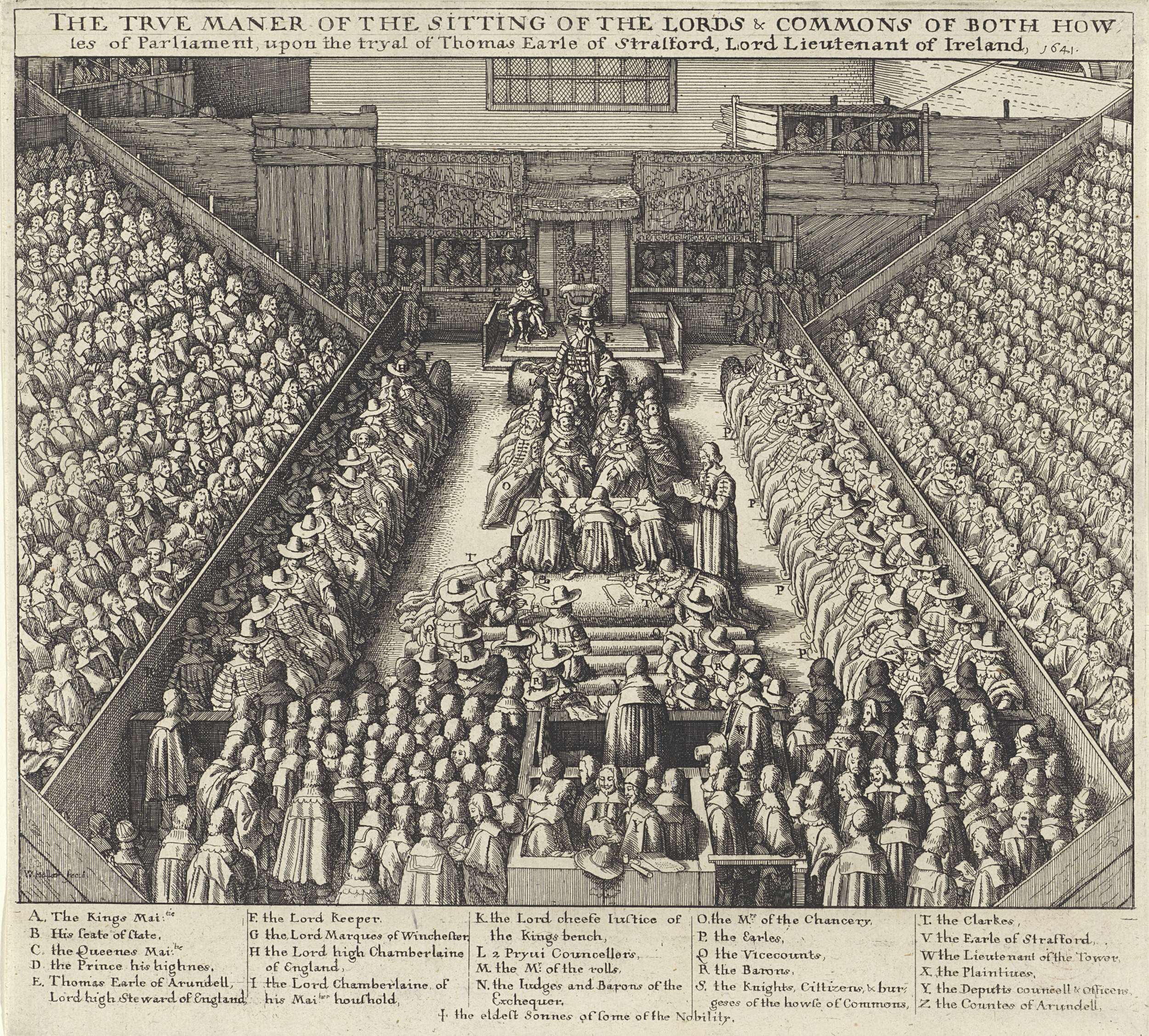 Zitting van het Britse parlement tijdens de berechting van Thomas Wentworth, 1e graaf van Strafford, 1641, by Wenceslaus Hollar, public domain
