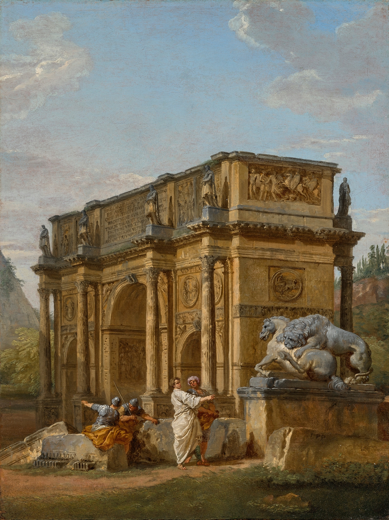 A Capriccio with the Arch of Constantine and the Capitoline Lion Group, by Giovanni Paolo Panini, public domain