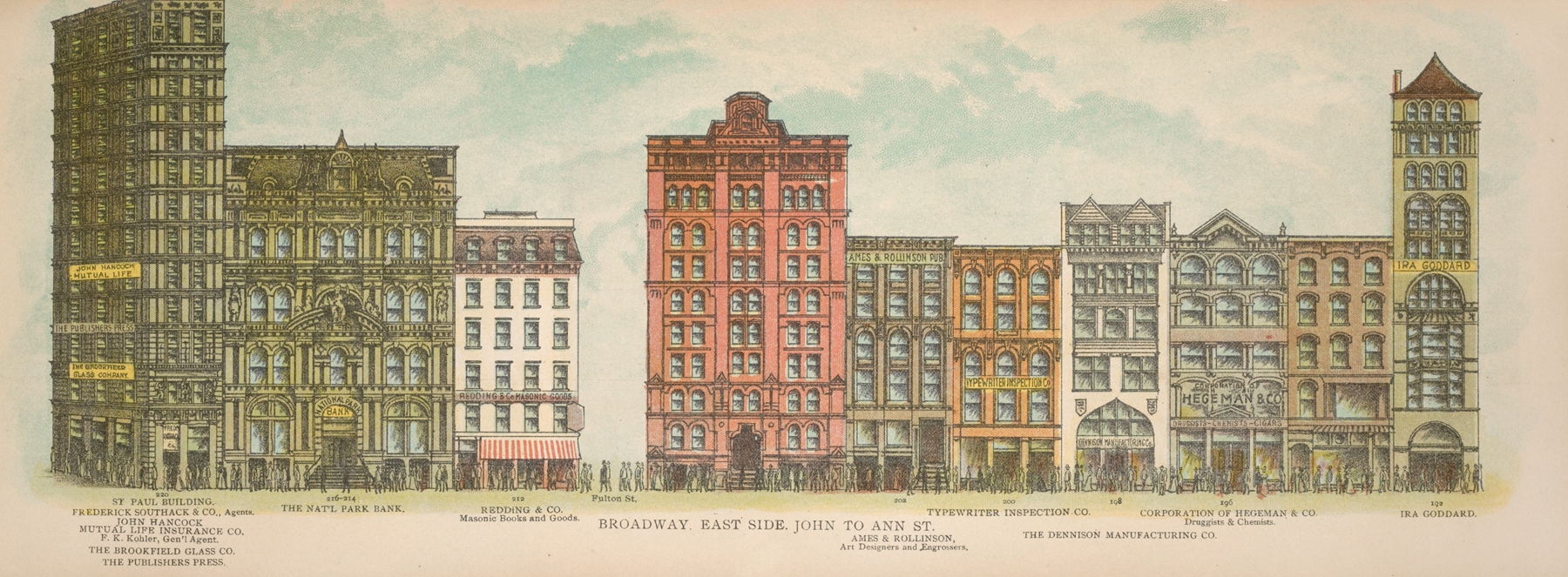 Broadway, East Side. John to Ann St. by Mail & Express, depicting a bustling street scene.