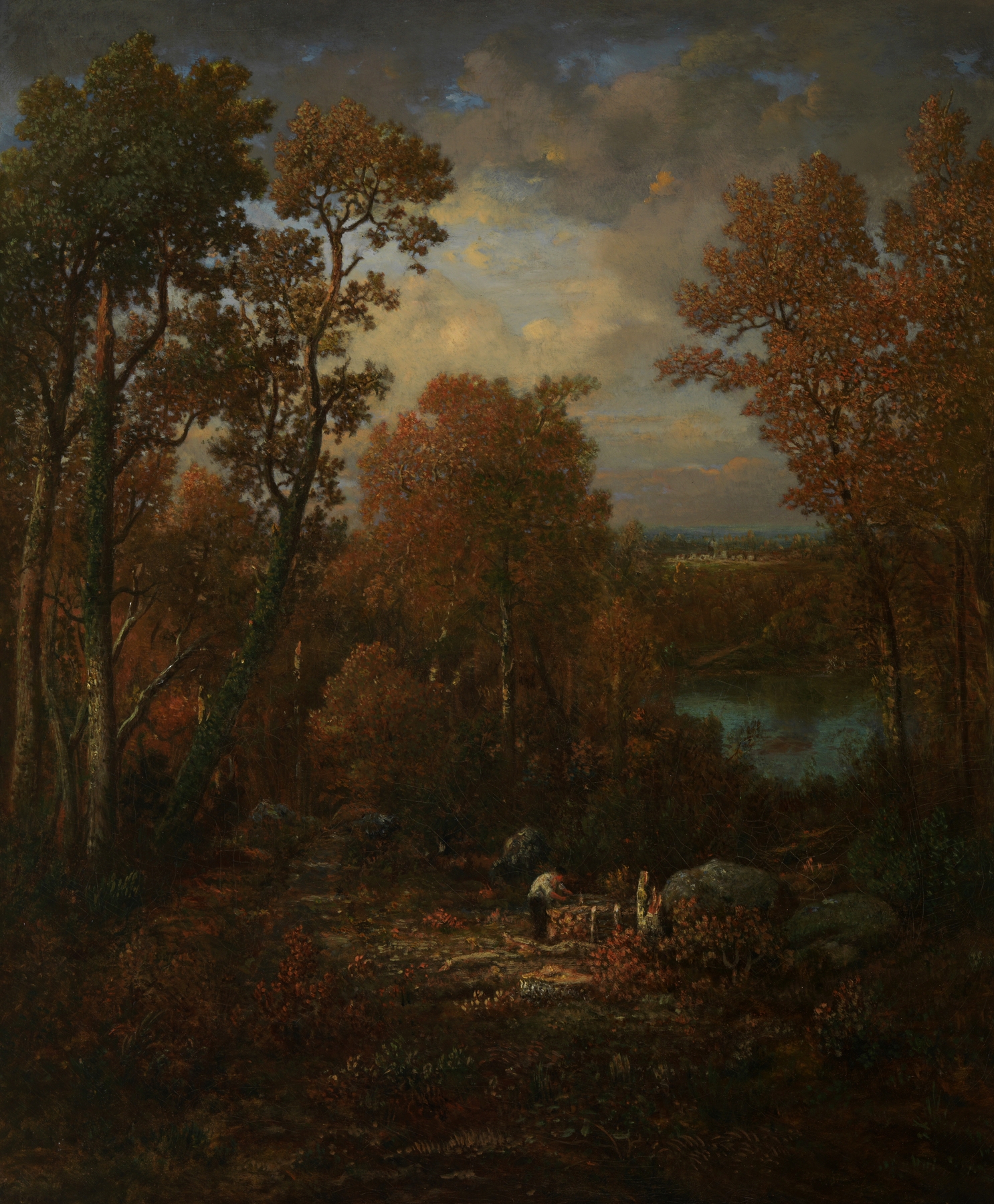 Genre scene of a woodcutter with an axe in a forest, oil painting by Théodore Rousseau