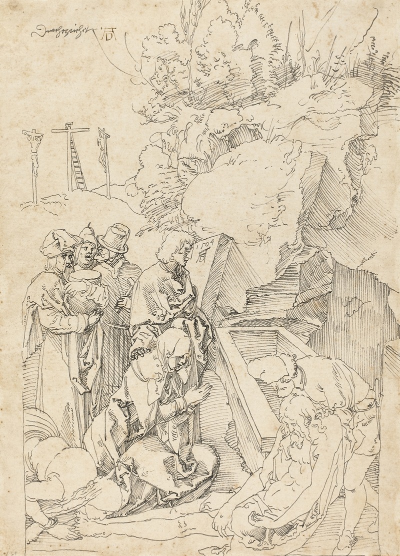 Albrecht Dürer's 'The Entombment' depicts the burial of Christ with intricate detail.