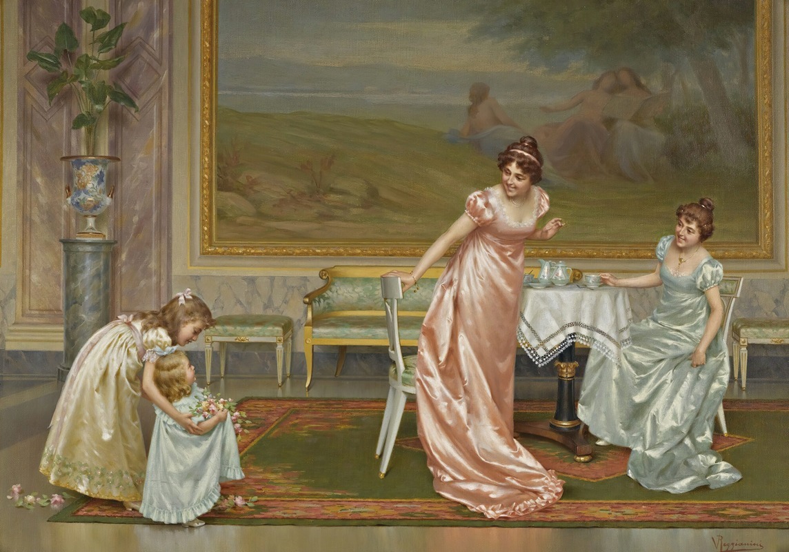 A lively gathering of elegantly dressed figures enjoying tea in a lavish interior.