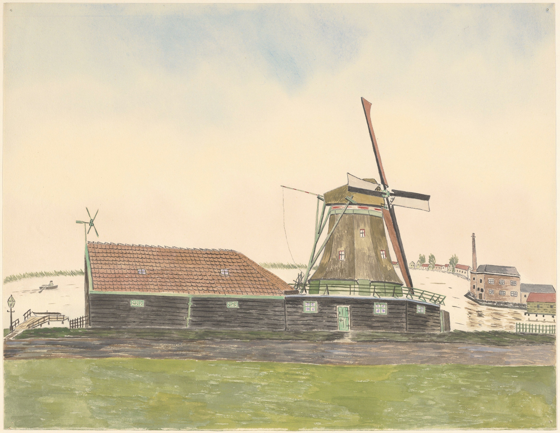 Landscape with windmill and river at sunset, oil on canvas by Johannes Nicolaas Eijman