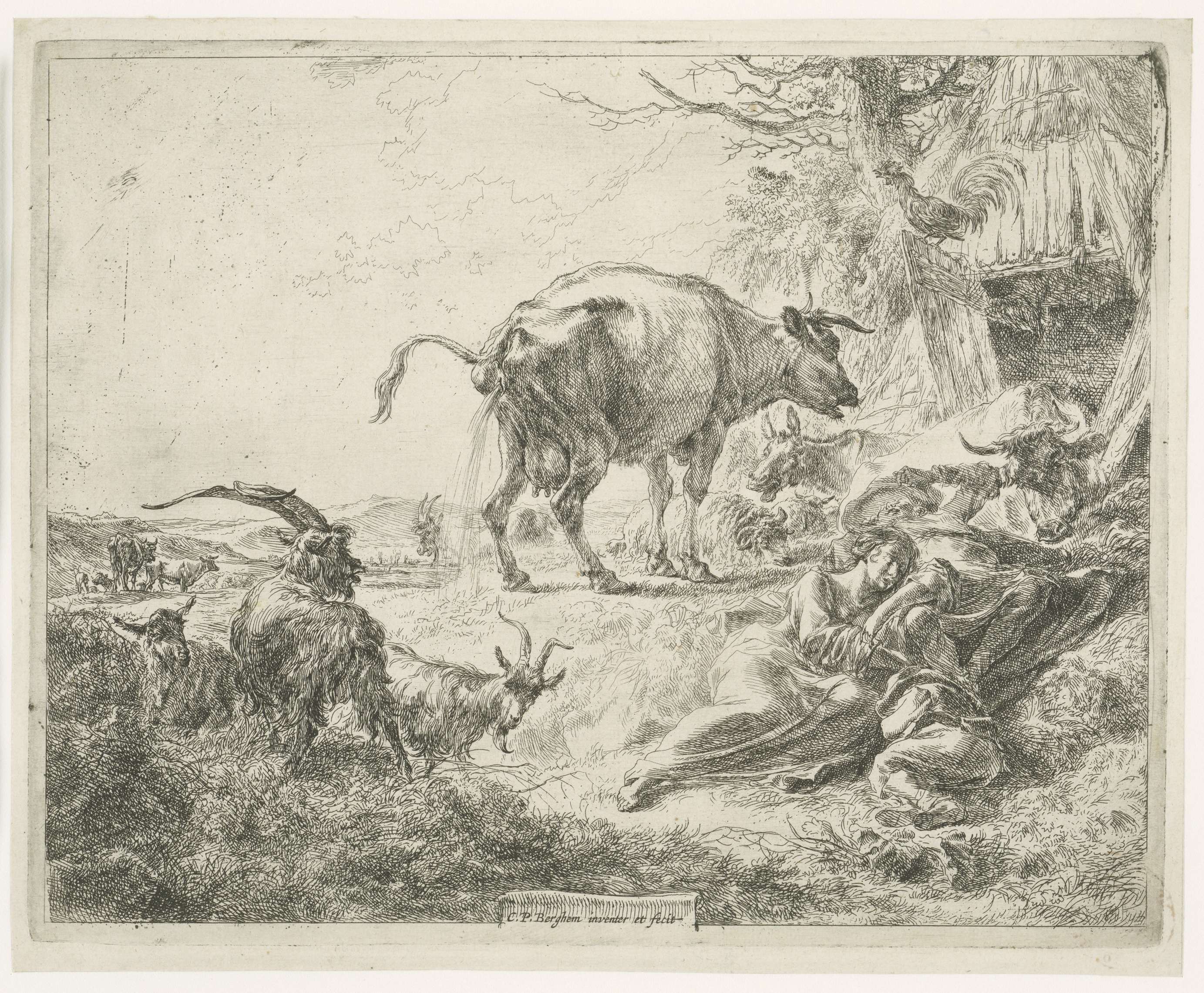 Etching by Nicolaes Pietersz Berchem depicting a shepherd family and resting cattle