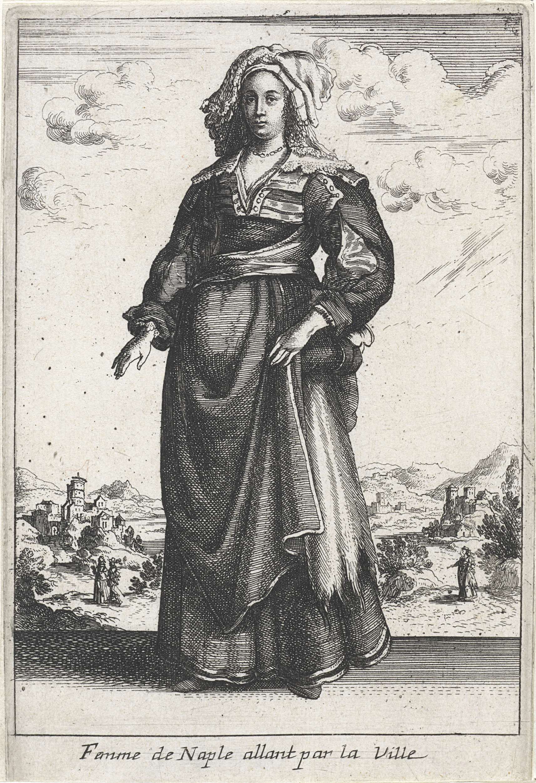 Femme de Naple allant par la Ville, etching by Unknown Artist, featuring a woman in a veil.