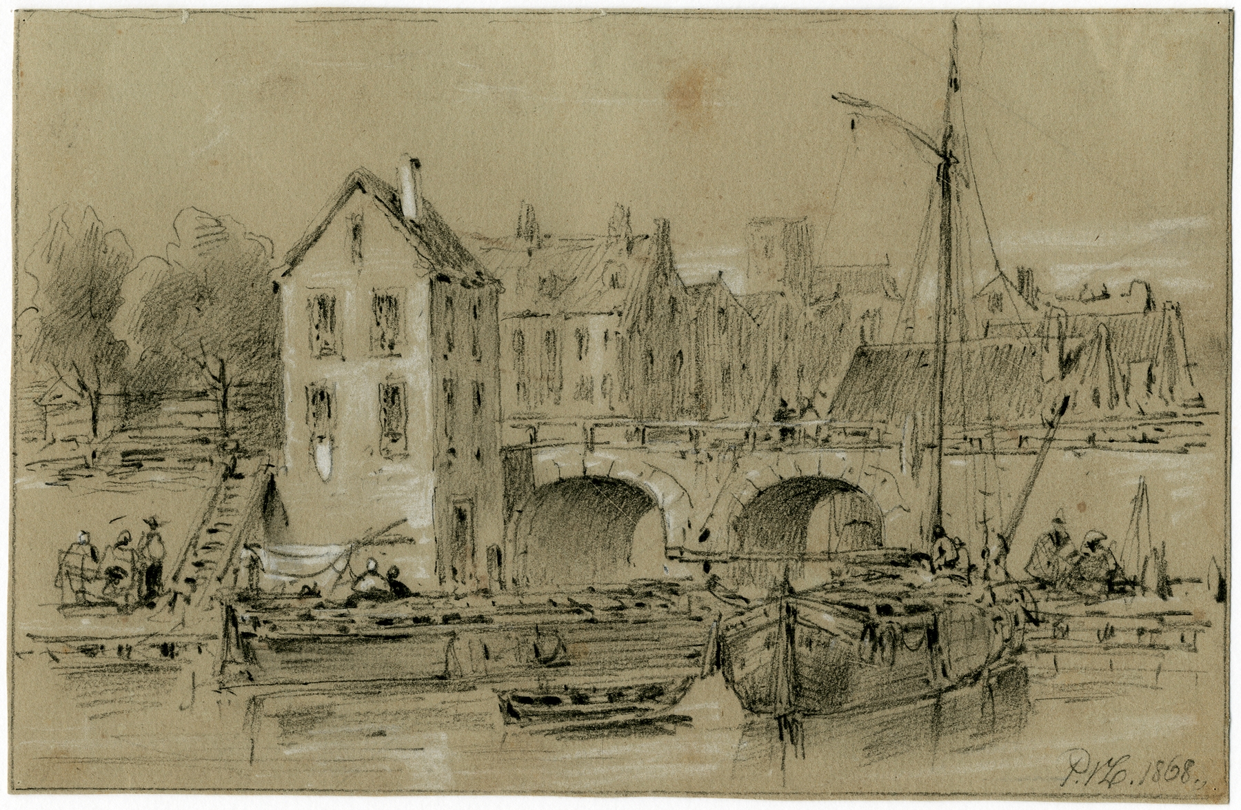 Marine scene with boats at a harbor by Pieter van Loon, oil painting