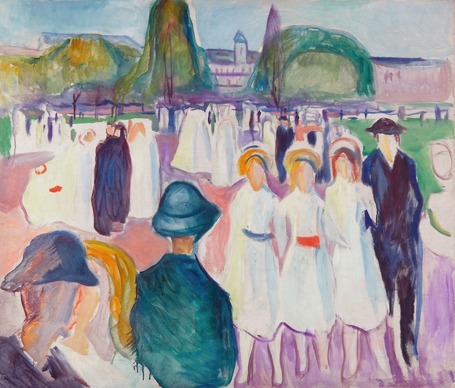 A vibrant depiction of spring, showcasing figures enjoying a promenade.