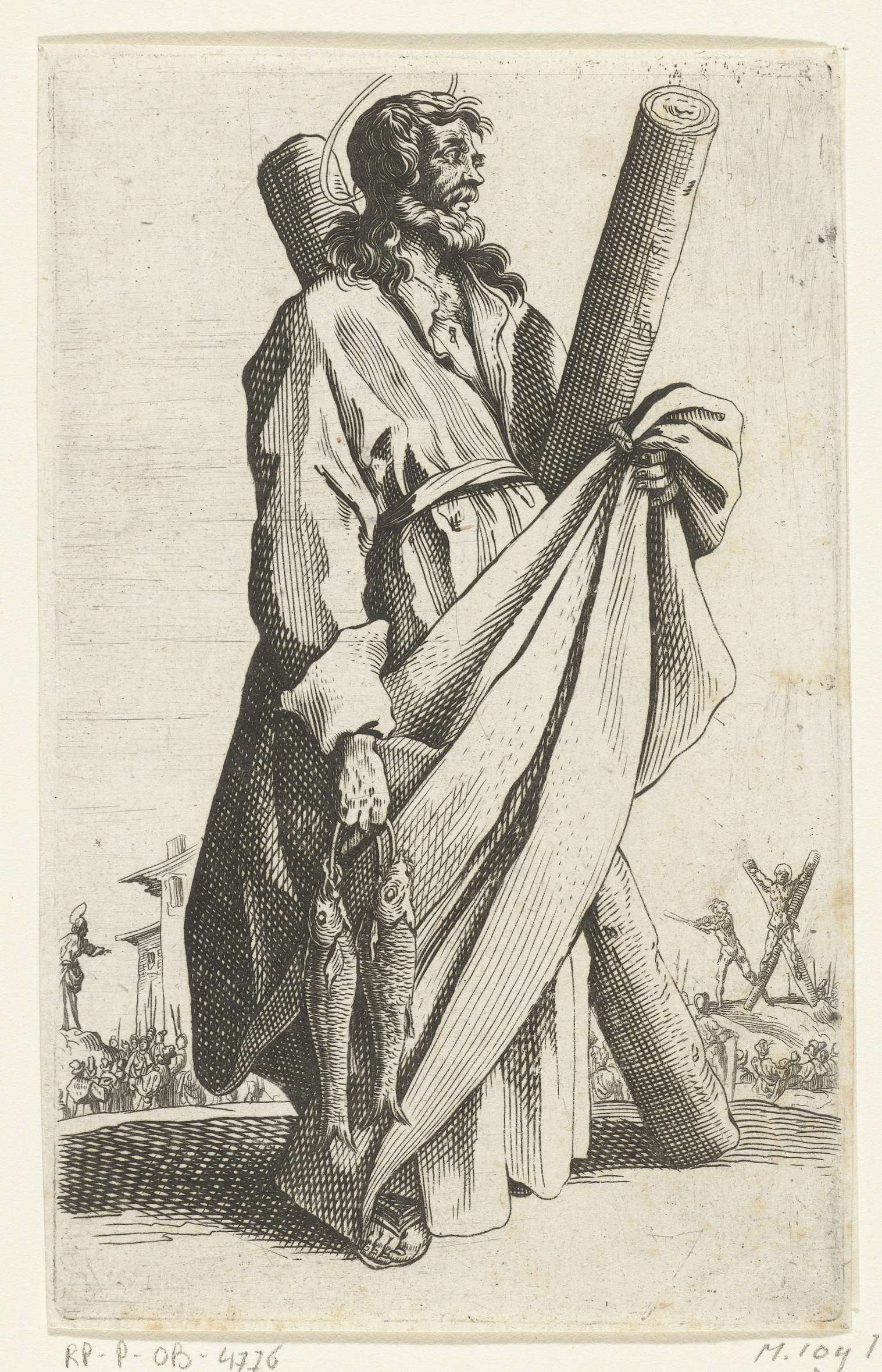 Religious etching by Unknown Artist depicting Apostle Andreas in rich garments and soft light.