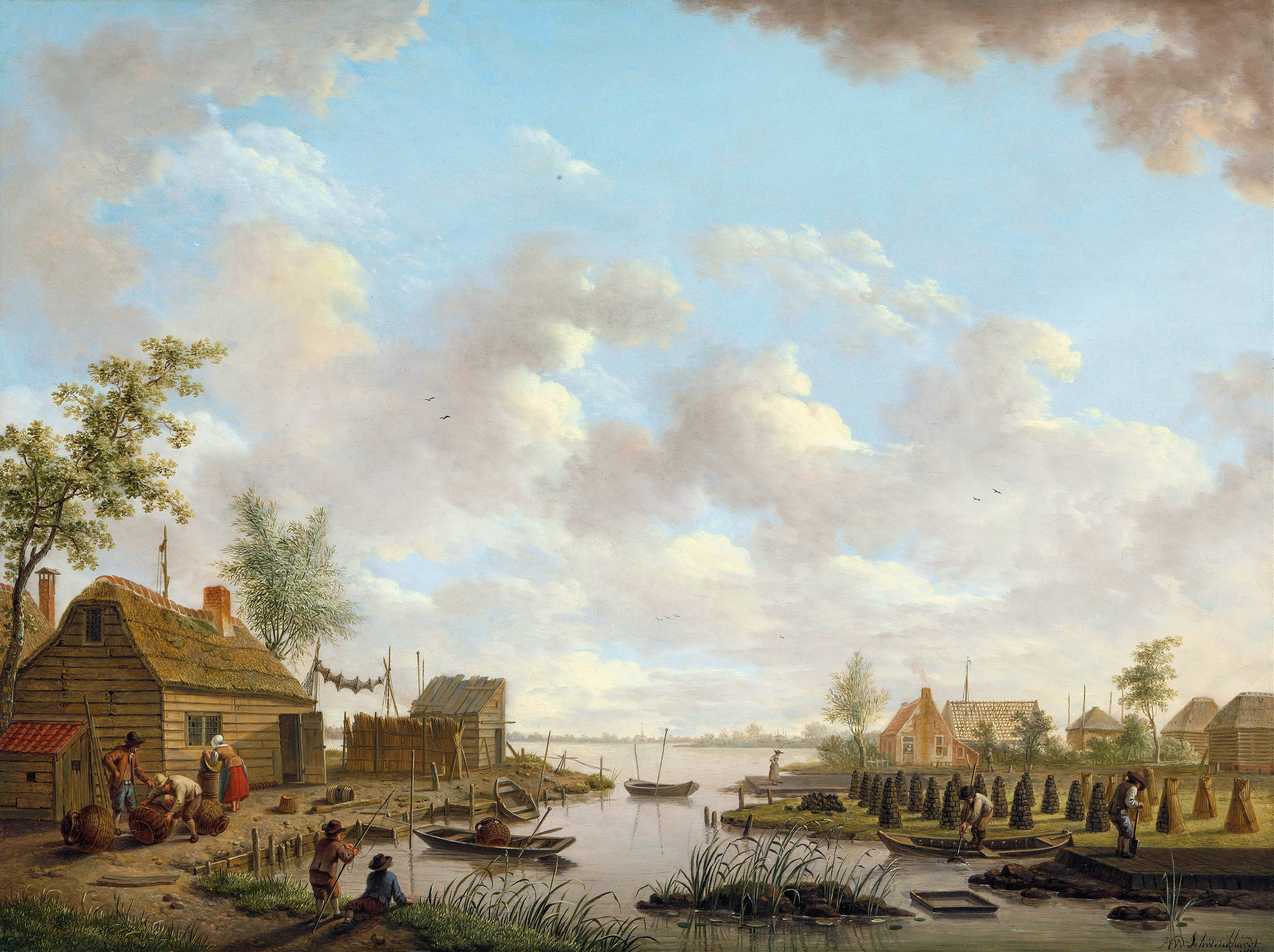 Landscape with fishermen and farmers extracting peat, oil painting by Hendrik Willem Schweickhardt