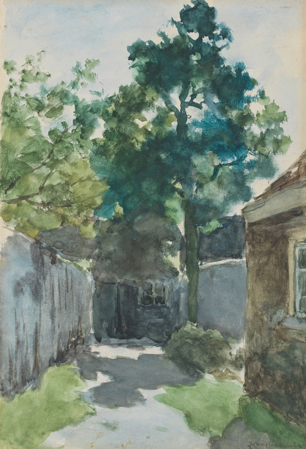 Sunlit courtyard scene, oil on canvas by Johan Hendrik Weissenbruch