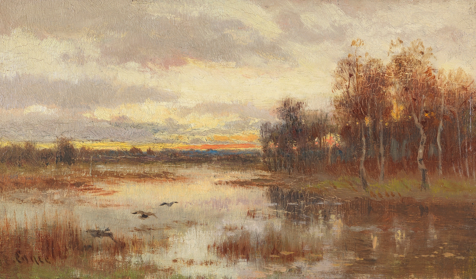Landscape oil painting by Marie Egner depicting a moor at twilight.