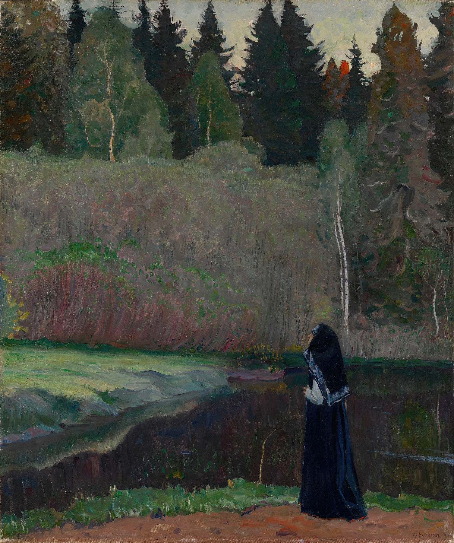 Figurative oil painting by Mikhail Nesterov, depicting a woman in nature, 1918