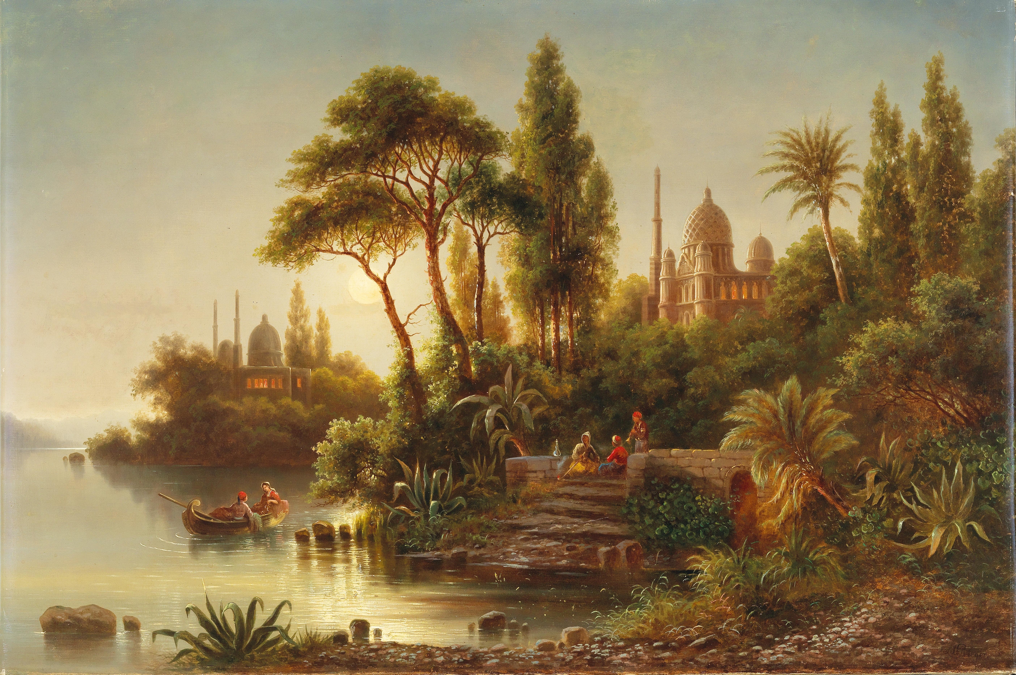 Landscape oil painting by Albert Rieger featuring golden light and abstract hills