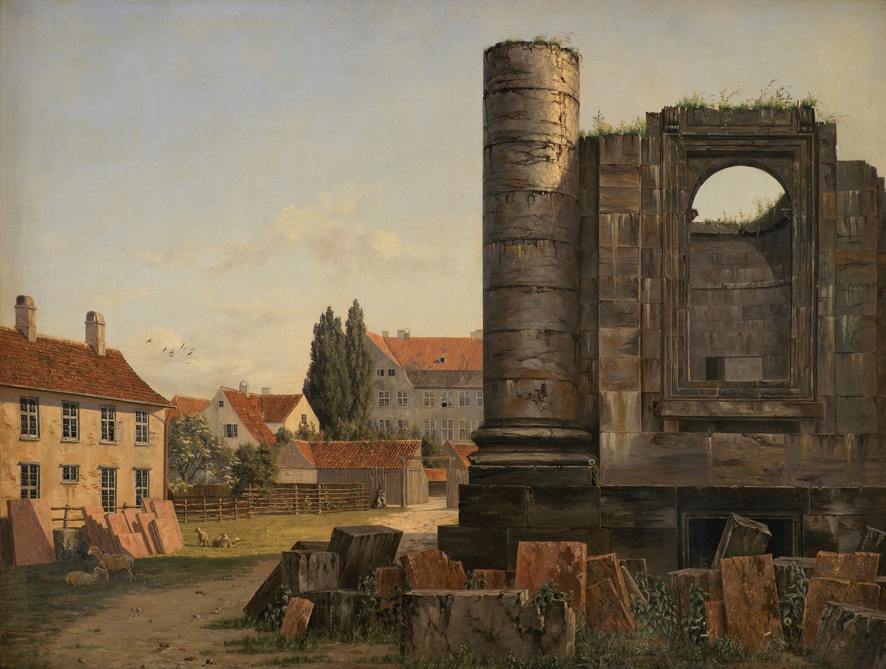 Oil painting by Thorald Læssøe depicting Marmorpladsen and Frederik’s Church ruins