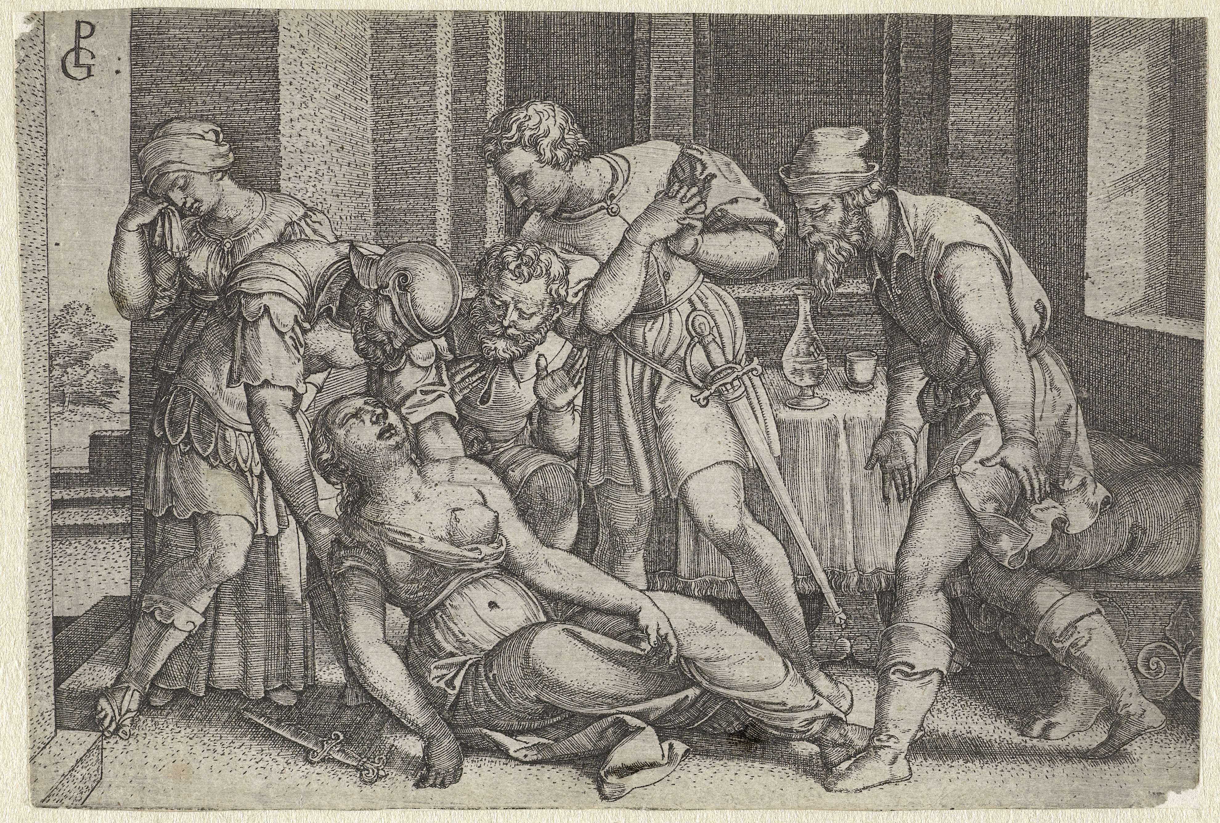 Collatinus en Brutus bij de stervende Lucretia, by Georg Pencz, public domain