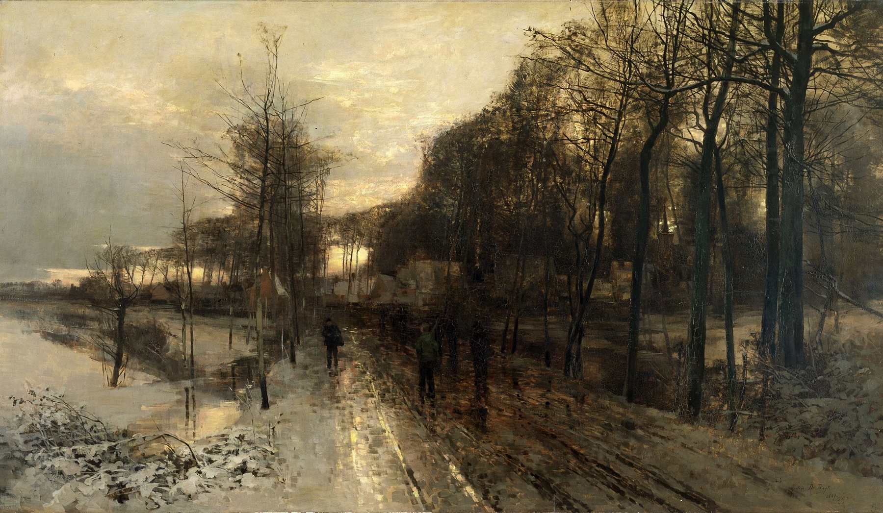 Light Reflections on the Snow, oil on canvas by Gustave Den Duyts, depicting a snowy landscape.