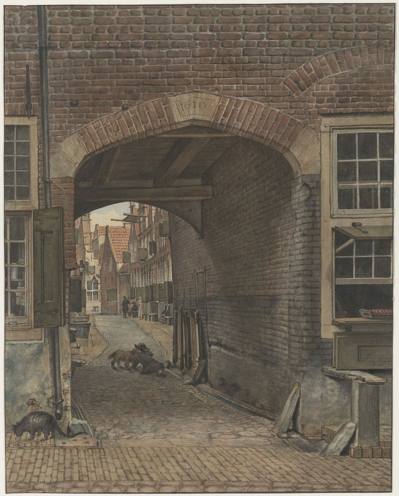 Landscape of Gezicht in het Nieuw Heiligland by Wybrand Hendriks, depicting a canal and archway, oil painting.