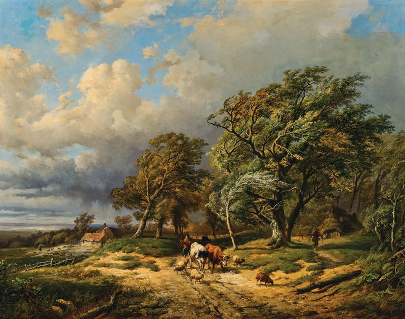 A herd of animals in warm tones against a brewing storm, by Alexander Joseph Daiwaille