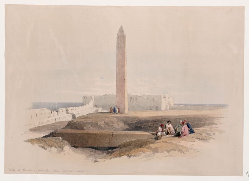Obelisco de Alejandría de David Roberts, óleo sobre lienzo, representando un obelisco histórico contra un cielo vibrante