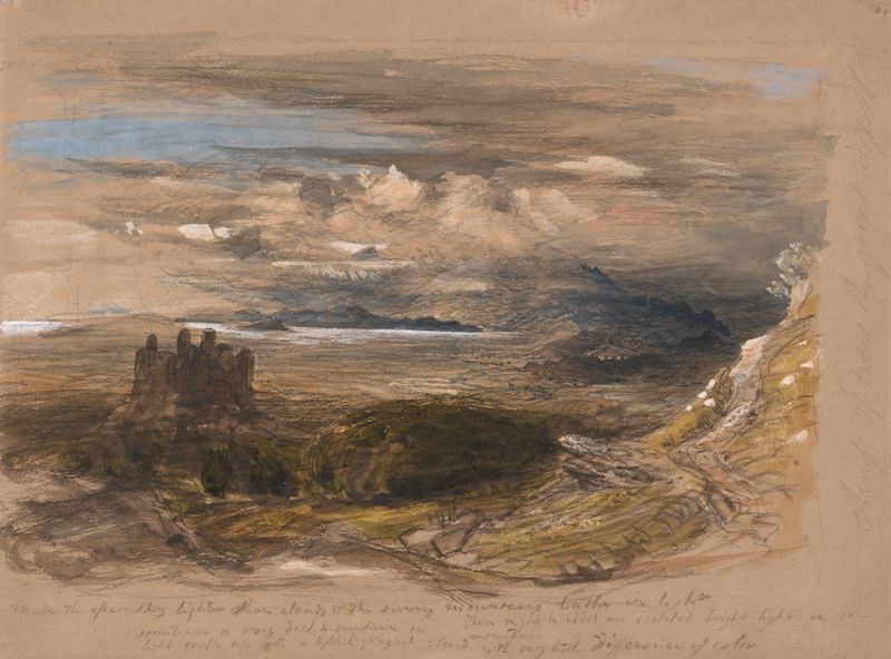 Harlech Castle de Samuel Palmer, pintura al óleo que muestra un castillo iluminado al atardecer