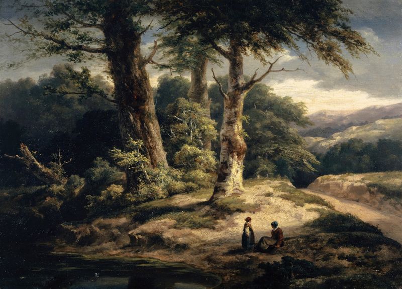 Woody Landscape de Alexandre Calame, óleo sobre lienzo que muestra un bosque sereno con luz filtrándose entre los árboles.