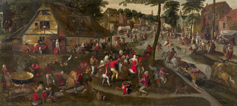 O Festival da Vila de Marten van Cleve, óleo sobre painel, mostra uma multidão animada celebrando em uma vila.