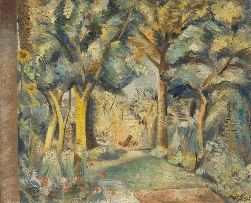The Garden at Meadle by Paul Nash, oil on canvas depicting a twilight garden with flowers and a figure.