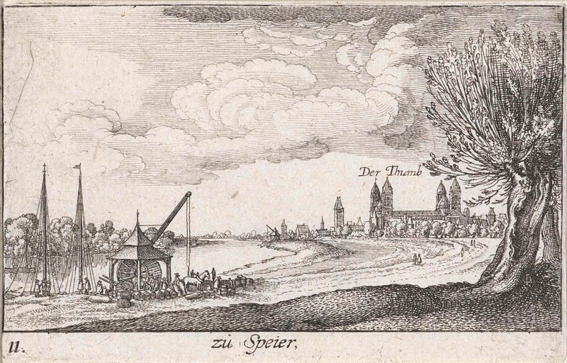 Grabado de Wenceslaus Hollar que representa una catedral y paisaje