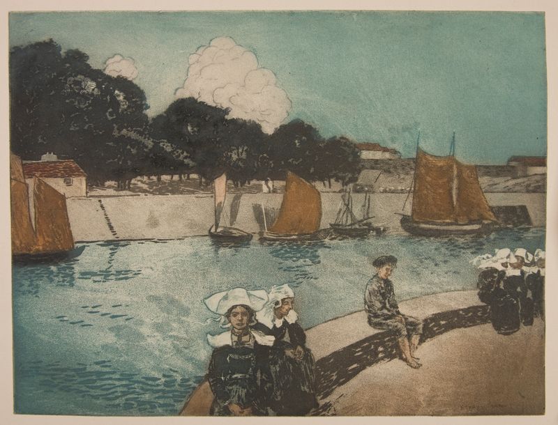 Bretonnes sur le quai by Richard Ranft, oil painting depicting women in traditional dresses at a harbor.