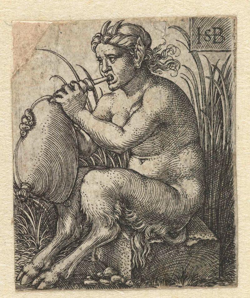 Sátiro feminino tocando gaita, gravura de Hans Sebald Beham