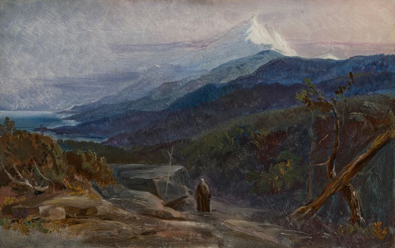 Aquarela de Edward Lear representando o Monte Athos ao crepúsculo com suaves dourados e azuis