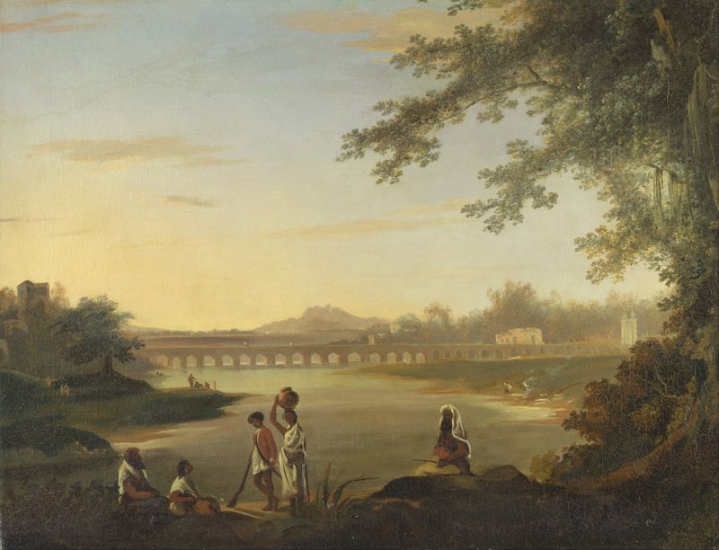 The Marmalong Bridge, oil on canvas by William Hodges, featuring a sepoy and natives by a river.