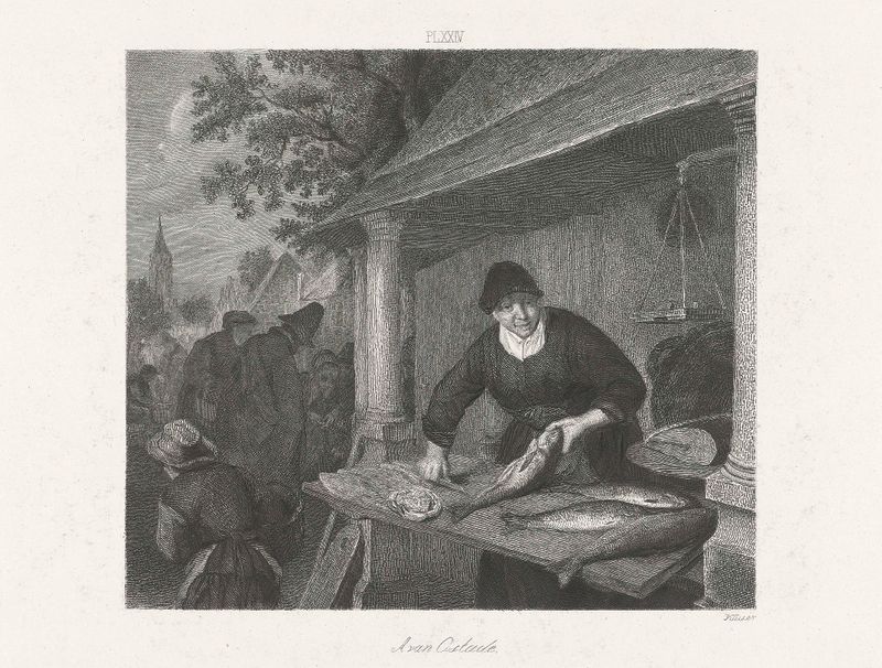 Grabado de Johann Wilhelm Kaiser que muestra a una vendedora de pescado en su puesto con mariscos.