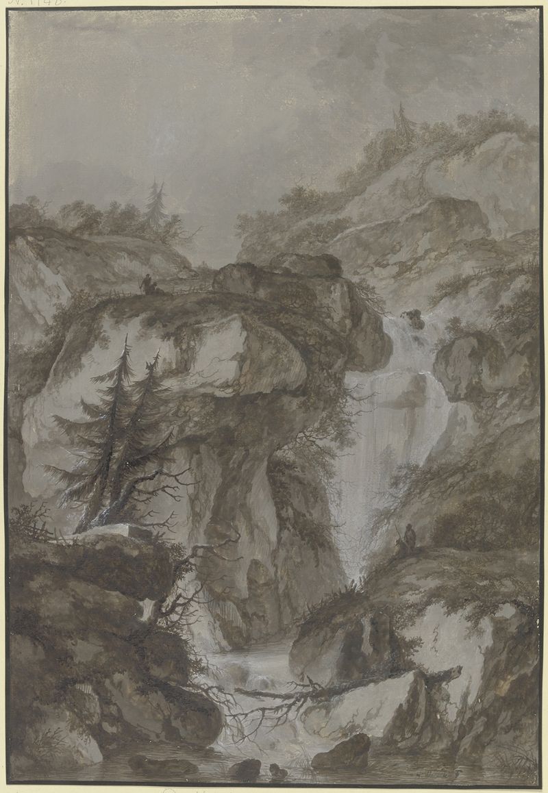 Landscape with a waterfall and mountains, oil painting by Johann Heinrich Wüest